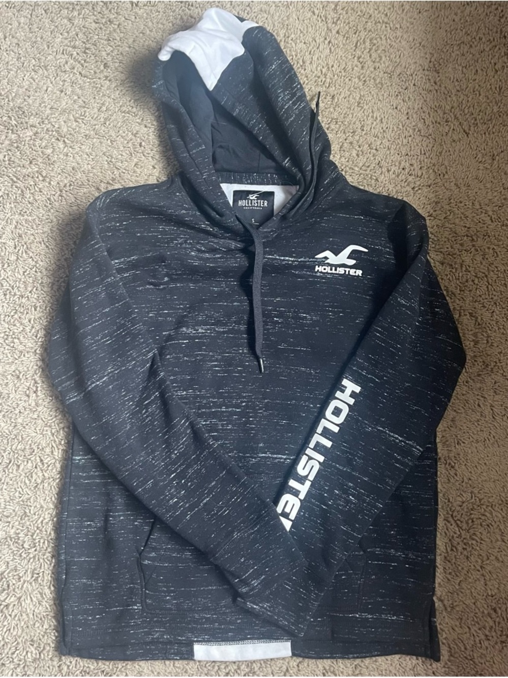 Hollister Black Marled Pullover Hoodie with White Logo